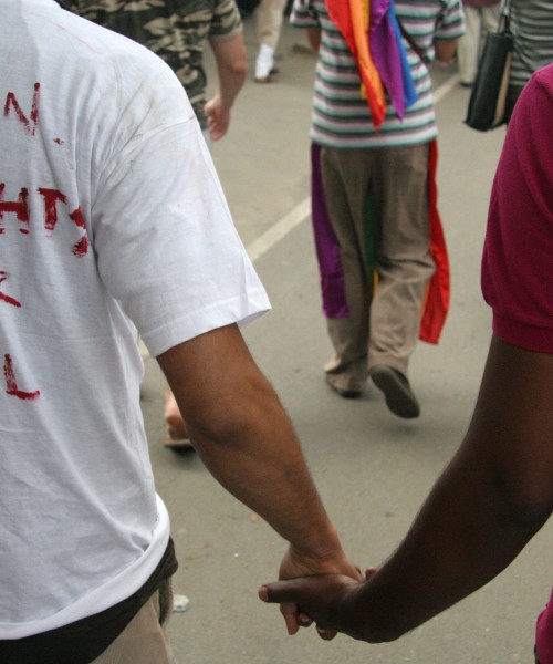 Photo from a queer pride march. We can see the back of two men holding hands. On the back of one's tee shirt is witten "Human rights for all" in caps by a red marker. The photo is cropped such that we can see only their torso and hands. In the background we can see more people walking in the march.