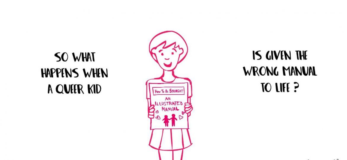 Screengrab of the video which shows an animated girl, drawn in a pink outline, holding up a placard with messages that educate about queerness and invisbility.