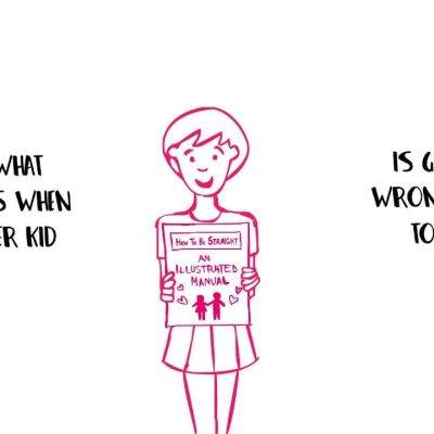 Screengrab of the video which shows an animated girl, drawn in a pink outline, holding up a placard with messages that educate about queerness and invisbility.