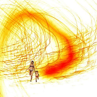 Illustration of a woman and a child running, against an abstract yellow background