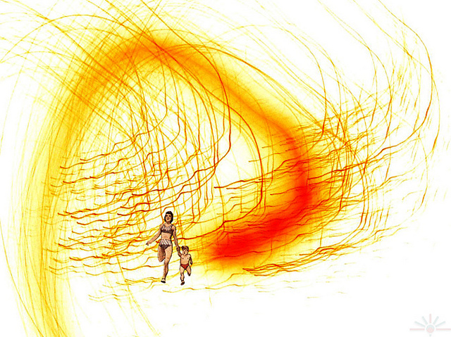 Illustration of a woman and a child running, against an abstract yellow background