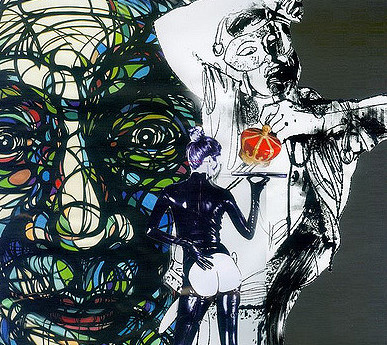 A sketch of a woman’s face, covered in multi-coloured strings. In front of it, there’s a black and white outline of a figure with a mask on and holding up a microphone. In front of both figures, is the figure of a smaller woman, holding up a tray and facing behind.