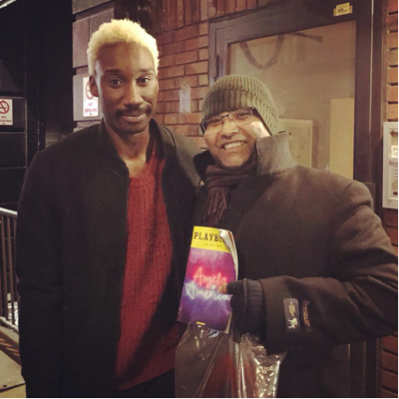 Debanuj DasGupta with Mathew Stuart Jarret. Stewart Jarret plays the character of Belize in the play & the Bethesda Fountain is one of the key Manhattan sites recreated on stage for the play Angels in America.