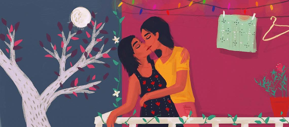Description: Two people are kissing on a balcony. Their eyes are closed and they are holding each other. Behind them, we see a purple wall, a string of lights and a clothes line, and to the left there is a full moon and a tree. Credit: Upasana Agarwal.