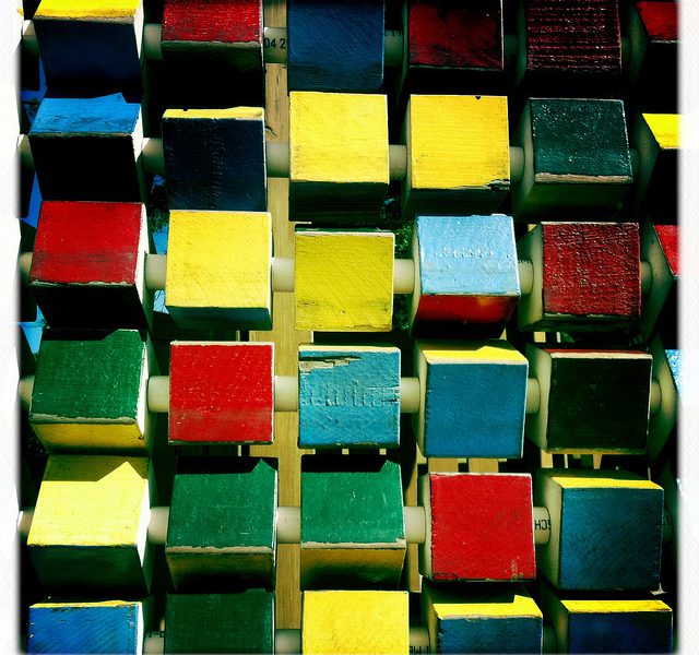 A photo of blocks of different colours stacked together