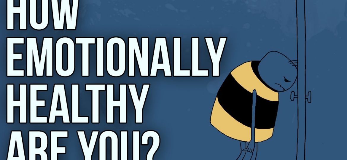 on a blue background there is a cartoon sketch of a tiny figure dressed in a striped yellow and black shirt. the white text reads in bold lettering, 'how emotionally healthy are you?'