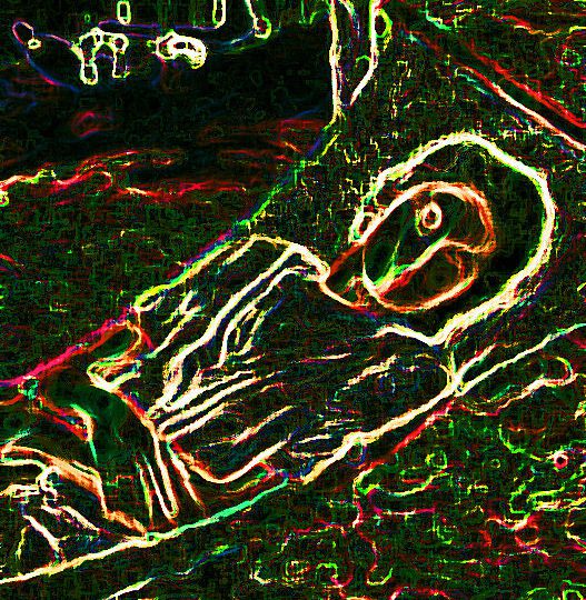 Against a dark background, there are a bunch of white neon lines making up a silhouette of a person lying in a reclining position.