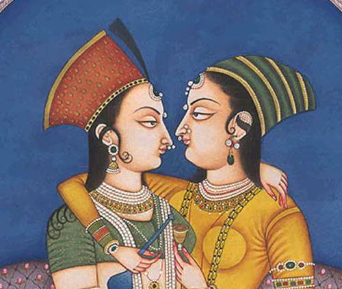 an illustration of a man and woman facing each other, dressed in traditional medieval indian garb