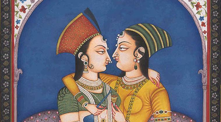 an illustration of a man and woman facing each other, dressed in traditional medieval indian garb