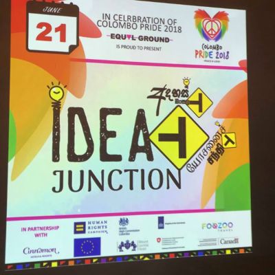 A placard against a black background, on which is written 'Idea Junction, Colombo Pride 2018.'