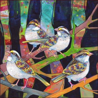 An illustration of three birds sitting on a tree branch. They all have colourful patterns drawn on them.