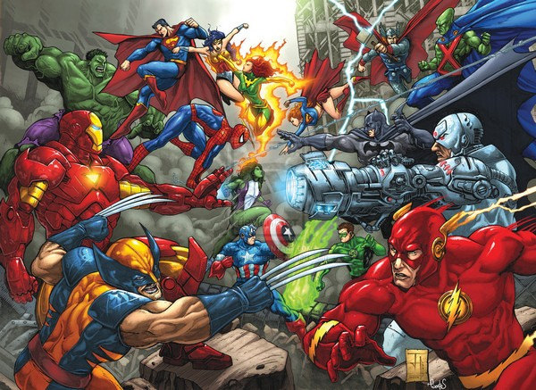 a comic book representation of multiple superheroes fighting with each other