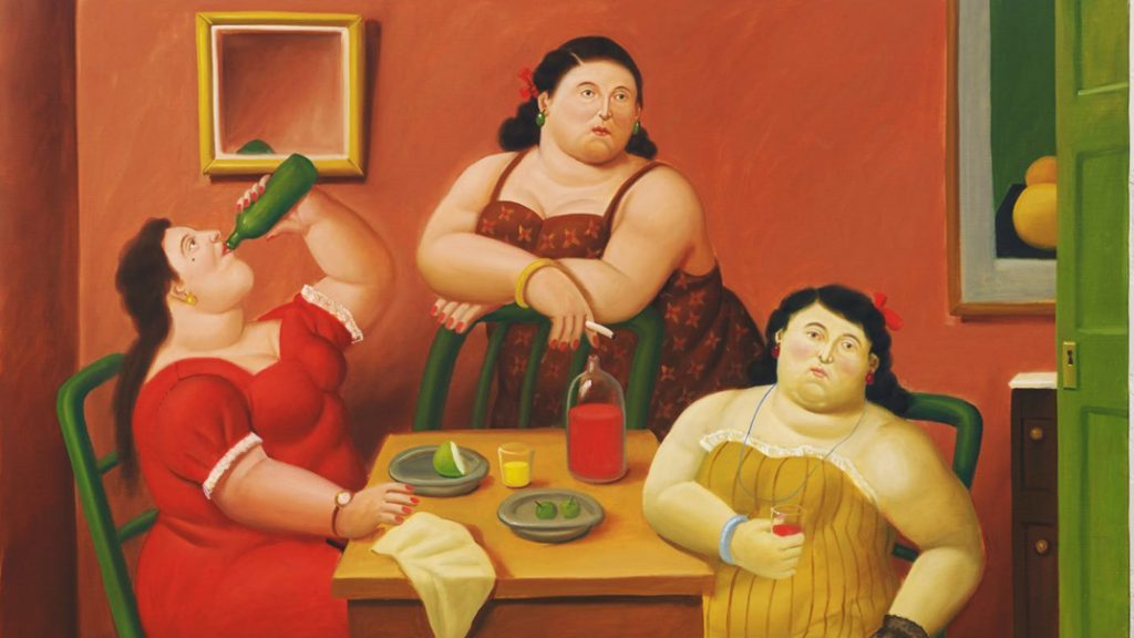 An illustration of three plus-sized women sitting around a table. there are plates of food kept on the table, and one of the women are shown drinking out of a bottle