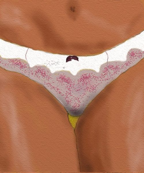 An illustration showing a naked body wearing only white and pink lace panties
