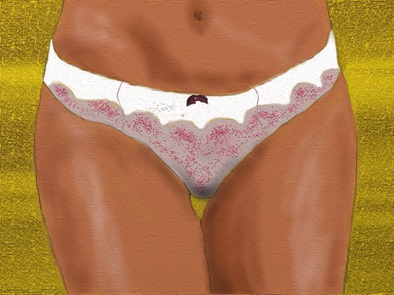 An illustration showing a naked body wearing only white and pink lace panties