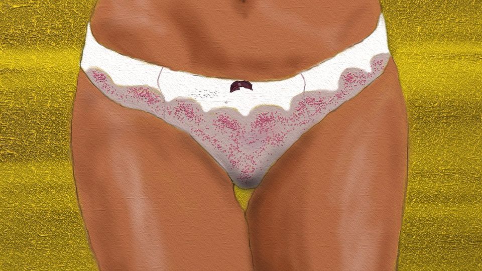 An illustration showing a naked body wearing only white and pink lace panties