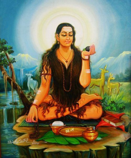 picture of a female saint meditating in what looks like a forest like area. her eyes are closed and there are lines of paint on her forehead signifying religious faith