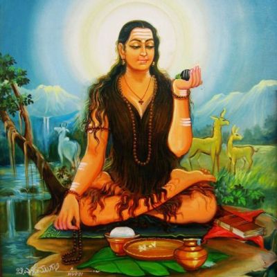 picture of a female saint meditating in what looks like a forest like area. her eyes are closed and there are lines of paint on her forehead signifying religious faith