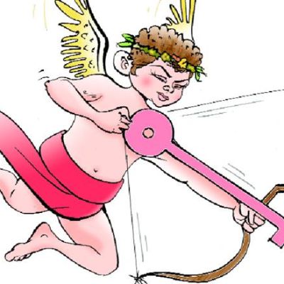 Cartoon illustration of a cupid shooting his arrow
