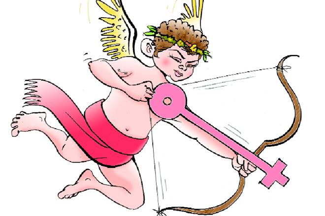 Cartoon illustration of a cupid shooting his arrow