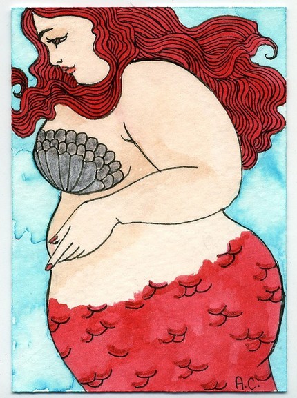 illustration of a plus sized woman in a mermaid's costume. she has flowing red hair.