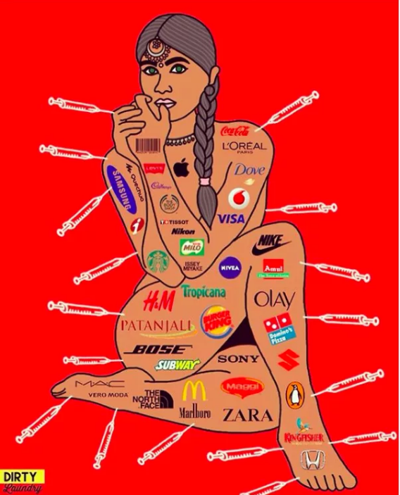 100daysoflaundry: against a red background, the illustration of a naked woman,. she has various brand logos painted across her bodies, alongwith syringes sticking out from everywhere