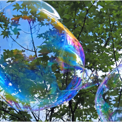 Picture of a large bubble against the backdrop of a clear sky and trees
