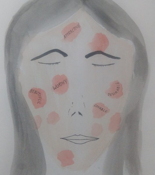 A drawing of a woman's face with red spots on it
