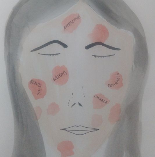 A drawing of a woman's face with red spots on it