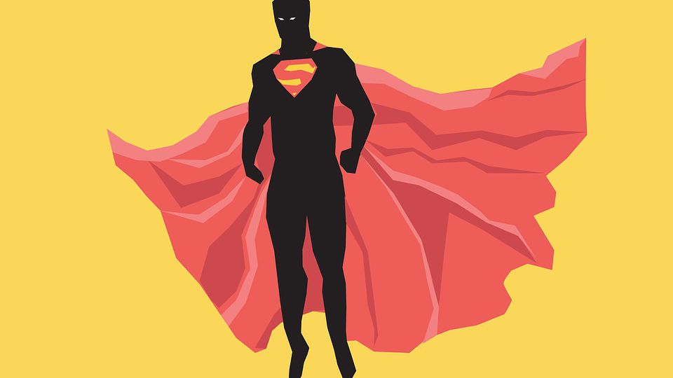 Against a yellow background, illustration of a silhouette of "Superman", with a red flowing cape