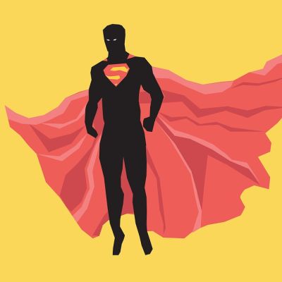 Against a yellow background, illustration of a silhouette of "Superman", with a red flowing cape