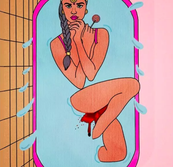Illustration of a naked woman in a bathtub, her menstrual blood visible in the water she's taking a bath in