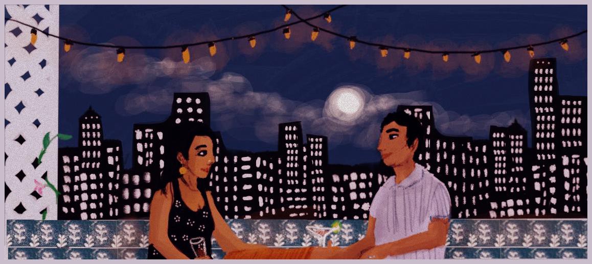 A young woman and young man are smiling at each other across a table overlooking a city skyline. The moon is full and there are fairy lights strung above them. There is a white trellis behind the woman. Credit: Upasana Agarwal.