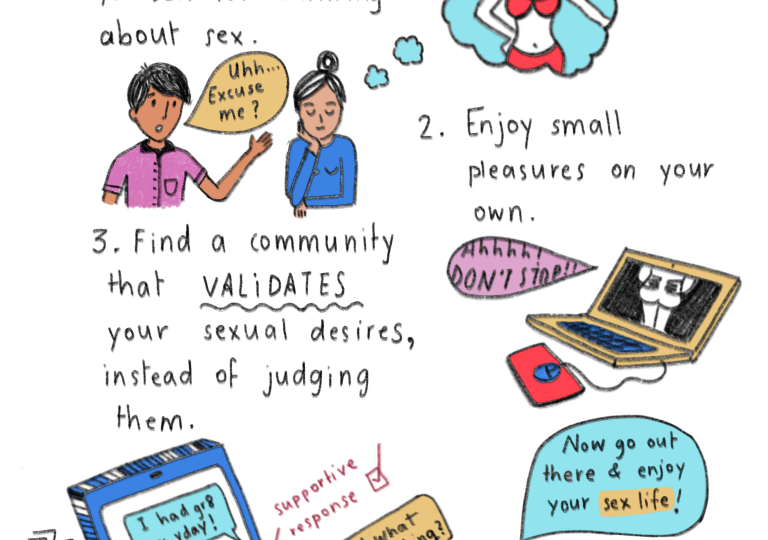 mental sexual health: illustration showing a man and a woman discussing pleasure and sexual health