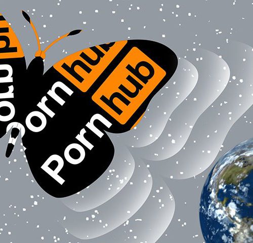 the butterfly effect; cover image for jon ronson's podcast - the pornhub logo shaped as a butterfly