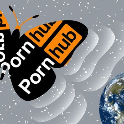the butterfly effect; cover image for jon ronson's podcast - the pornhub logo shaped as a butterfly