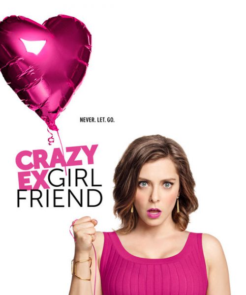 poster for 'crazy ex girlfriend': a woman in a magenta dress holding up a magenta balloon