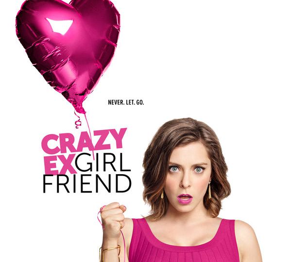 poster for 'crazy ex girlfriend': a woman in a magenta dress holding up a magenta balloon