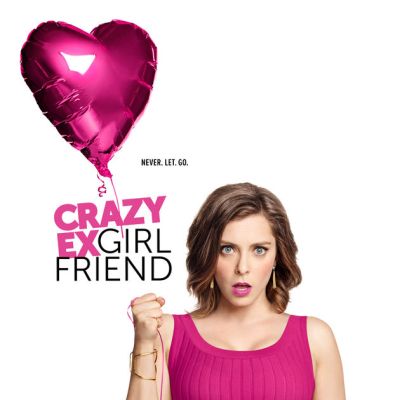 poster for 'crazy ex girlfriend': a woman in a magenta dress holding up a magenta balloon
