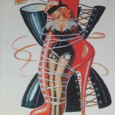 pop art illustration of a woman tied by various ropes to a high-heeled shoe