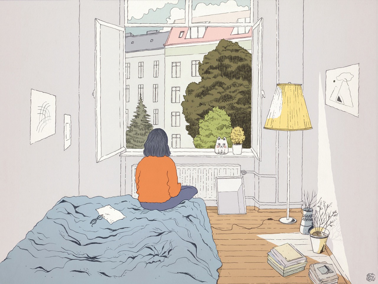 Illustration of girl sitting on bed looking out the window