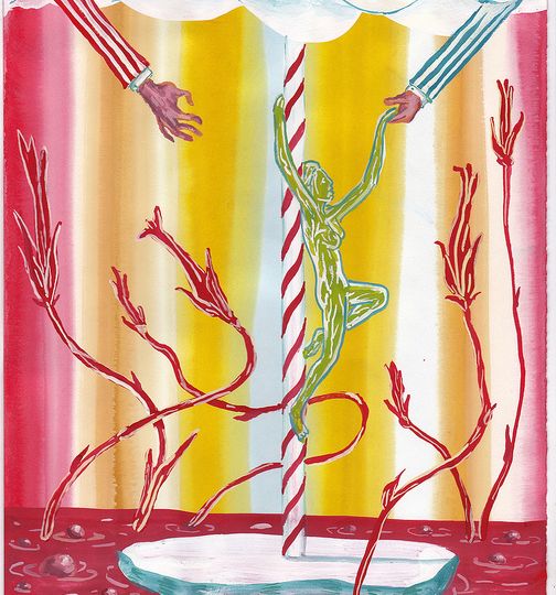 A pair of vines encircle each other, two sets of hands from two different directions are seen reaching out but being separated by the vines