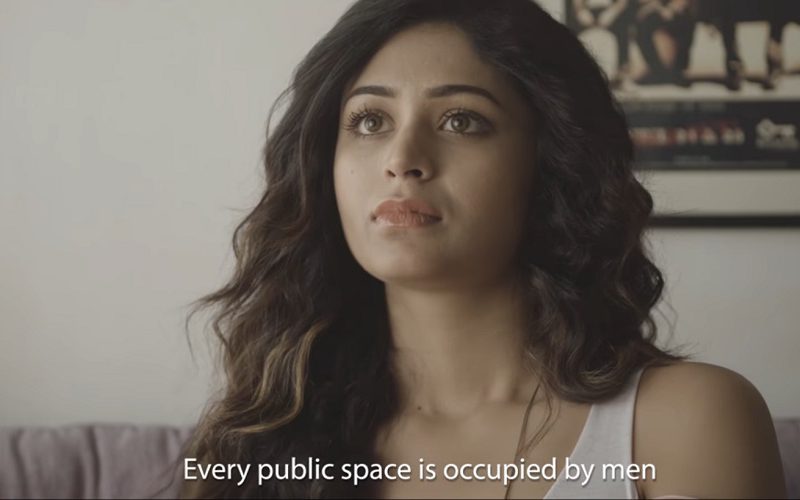 screenshot from 'Naked', a woman saying 'all public spaces are dominated by men'