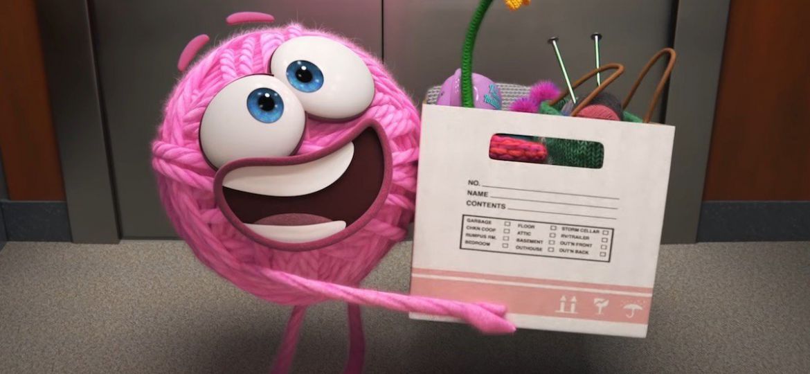 A still from Pixar's 'Purl', showing a smiling pink ball of yarn