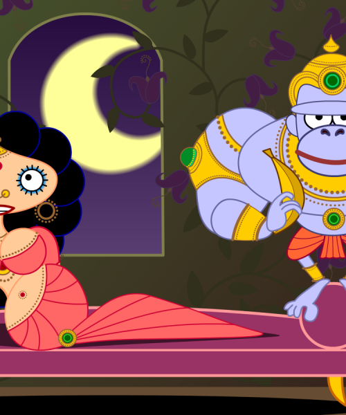 A scene from Sita Sings The Blues. Scott, A. O. “Legendary Breakups: Good (Animated) Women Done Wrong in India.” An illustration of sita lying in bed with hanuman behind her.
