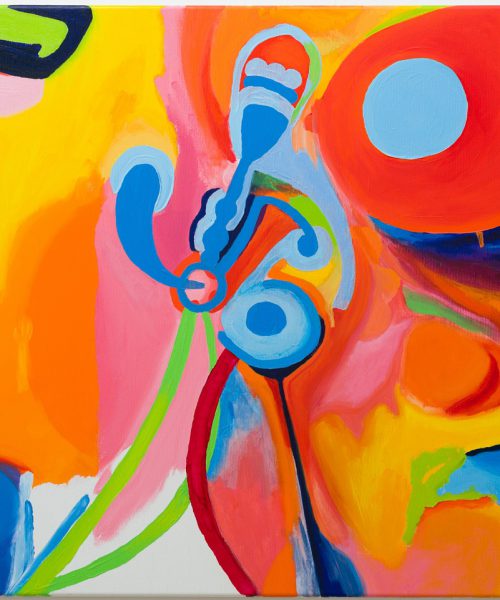 An abstract painting of various shapes on a canvas