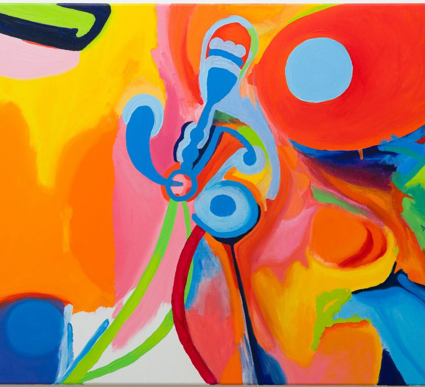 An abstract painting of various shapes on a canvas
