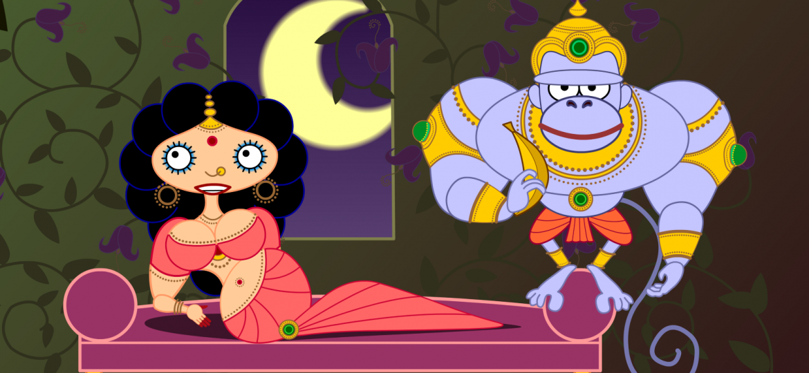 A scene from Sita Sings The Blues. Scott, A. O. “Legendary Breakups: Good (Animated) Women Done Wrong in India.” An illustration of sita lying in bed with hanuman behind her.
