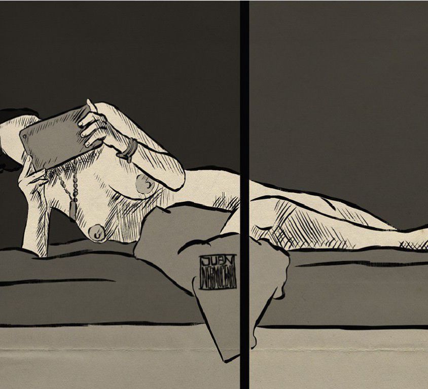 illustration showing a woman lying down and reading on her tablet