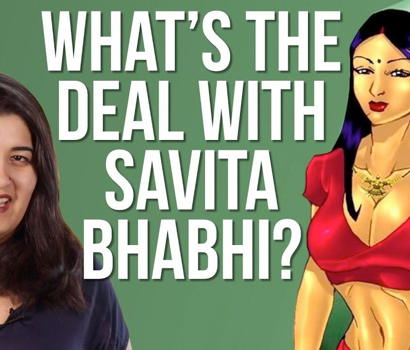 Against a green backdrop, the picture of a woman beside the picture of the eponymous character 'savita bhabhi'